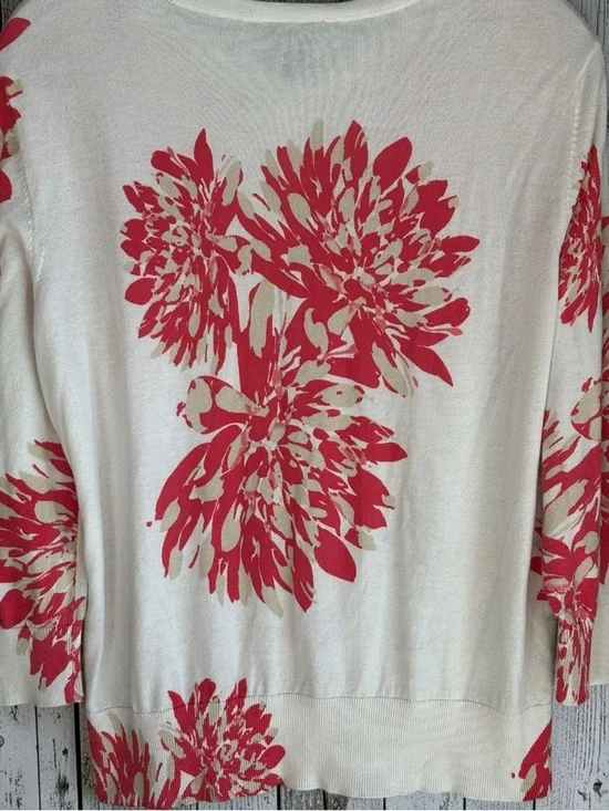 Ann Taylor Cream Pink Floral Cardigan Lightweight Cotton Sweater XL - Picture 6 of 9
